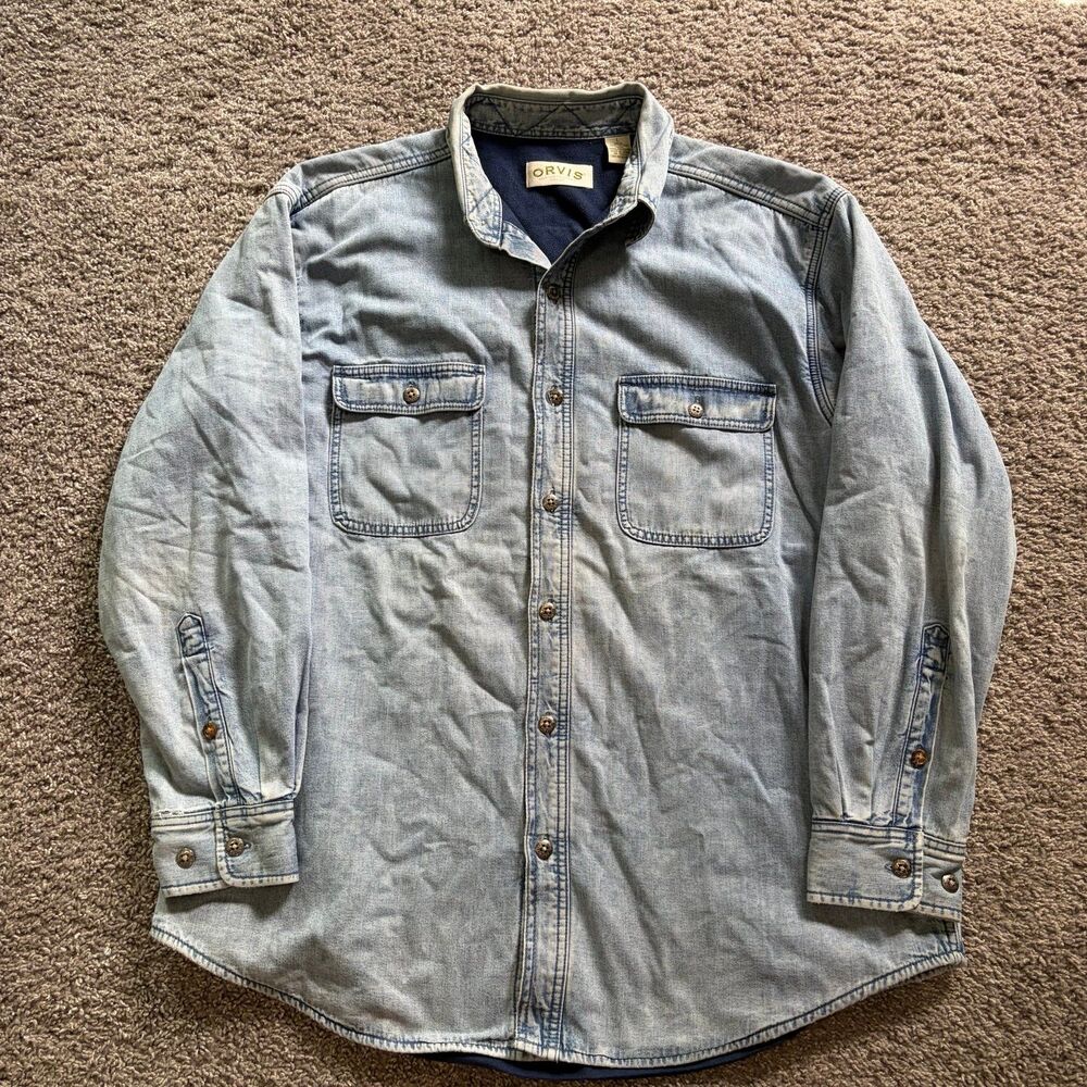 Vintage Orvis Heavyweight Denim Fleece Lined Flannel Shirt Jacket Blue Size L